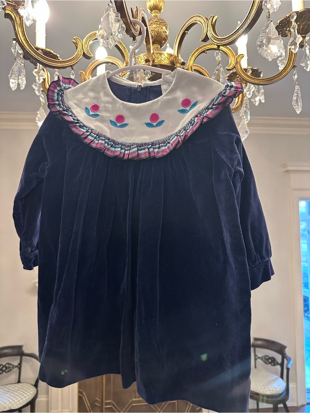 Vintage Lisa Jackson Navy Velvet Girls Dress, Embroidered Peter Pan Collar 2-3t